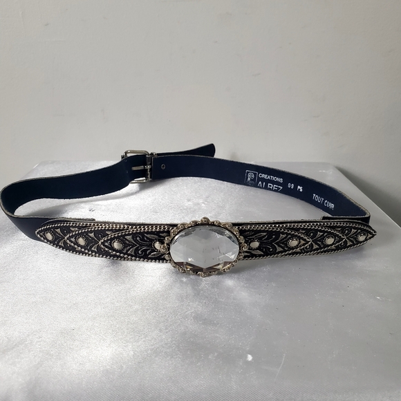 Accessories - Vintage Blue Silver with Front Crystal Accent Leather Belt